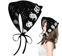 Eioflia Bandana Headband Gothic Hallowee Crochet Bandana Scarf with Straps Triangle Spiderweb Hollow Breathable Ghost PatternCrochet Hair Bandana for Women, Girl (Black),Halloween