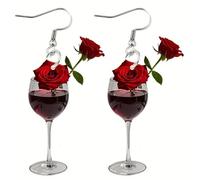 Eioi & Lmnm Women's Acrylic Rose Red Wine Glass Valentine's Day Dangle Earrings, Romantic Red Rose in Glass Goblet Drop Earrings, Lightweight Hypoallergenic Valentine Dangling Earrings for Date Night