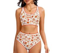 EIRIEN Women Whip Stitch Bikini Sets Two Piece Color Block Floral Print Swimsuit High Waist Scoop Tummy Control Bathing Suit, Orange Floral, Large