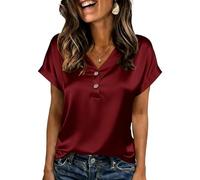 EIRUKON Womens Short Sleeve Satin Top V Neck Summer Satin Blouse Elegant Solid T Shirts Casual Office Work Silk Blouses,Burgundy,S