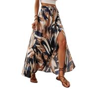 EIRUKON Women's Summer Skirts Elasticated Waist Maxi Skirt with Slit Summer Long Skirt Boho A Line Ladies Skirts for Casual Beach,Brown,XL