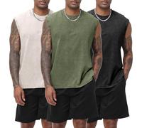Eisctnd 3 Pack Men's Cotton Sleeveless Muscle Tank Tops Vintage Acid Wash Cutoff Loose Workout Tee Shirts Running, Black+Apricot+ArmyGreen, Large