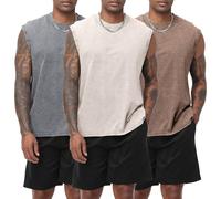 Eisctnd 3 Pack Men's Cotton Sleeveless Muscle Tank Tops Vintage Acid Wash Cutoff Loose Workout Tee Shirts Running, Coffee+apricot+grey, S