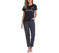 EISHOPEER Women's Pajama Set Printed Short Sleeve Top & Long Pants Sleepwear Pjs Sets, Navy Cat- Women, S
