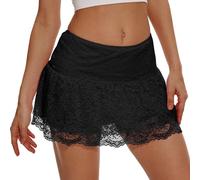 Eisnnu Women's Lace Mini Skirt Y2K Floral Lace Elastic Waist Layered Ruffled A Line Short Skirt for Out Streetwear,Club, Party (UK, Alpha, L, Regular, Regular, Black)