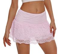 Eisnnu Women's Lace Mini Skirt Y2K Floral Lace Elastic Waist Layered Ruffled A Line Short Skirt for Out Streetwear,Club, Party (UK, Alpha, S, Regular, Regular, Pink)