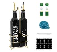 eispap 17OZ Colored Glass Oil and Vinegar Bottle Set with Gold Metal Rack - 2 Pack Olive Oil Dispenser Bottles with Funnel & Golden Pour Spouts, Labeled Oil & Vinegar Cruet Set for Kitchen (Black)