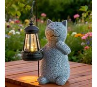 Eiswayla Solar Cat Statue Garden Ornament with Lantern - Waterproof Resin Figurine Outdoor Decor, 20cm Grey Cat Solar Light, Gift for Women Mum Grandma Birthday Christmas Patio Balcony Yard