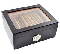 Eitida Desktop Humidor Case Holds 25-50 Cigar, Tempered Glass Top Display, Handcraft Spanish Cedar Wood Storage Box with Divider, Humidifier and Hygrometer, Ebony Black Finish.