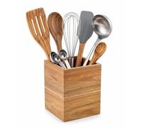 Eitida Kitchen Utensil Holder - Decorative Kitchenware Organizer Crock Stand - Solid Acacia Wood - Storage for Cutlery, Silverware, Spoons, Spatulas, Cooking Tools - Countertop Caddy - Brown