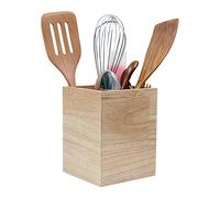 Eitida Solid Rubber Wood Kitchen Utensil Holder - Natural Beige Storage for Cutlery, Silverware, Spoons, Spatulas & Cooking Tools - Stand on Tabletop, Soft Padded Bottom, 12.7cm x 12.7cm x 16.5 cm