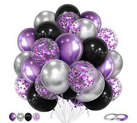 Eitolo 50Pcs Metallic Purple Silver Balloons, 12Inch Purple and Black Balloon with Purple Confetti Balloon for Girls Birthday Hen Party Engagement Bridal Shower Wedding Anniversary Party Decorations