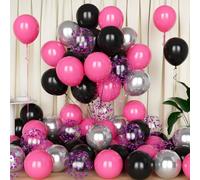 Eitolo Pink Black Balloons, 50PCS 12inch Hot Pink Silver with Confetti Balloons for Girls Women's Theme Birthday Wedding Anniversary Engagement Bridal Shower Party Decoration