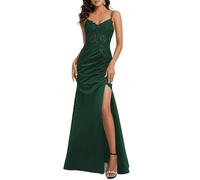 Eittvisy Women's Spaghetti Strap Satin Prom Dresses Long Lace Appliques Evening Dress A-Line Mermaid Formal Party Gown Emerald