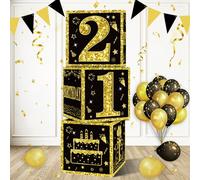 Eiurteao 3pcs 21st Birthday Decorations Boxes for Girls Boys, Black Gold Happy 21 Birthday Balloons Boxes Party Supplies, 21 Year Old Bday Theme Cardboard Box