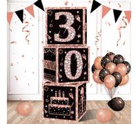 Eiurteao 3pcs 30th Birthday Decorations Boxes for Women, Rose Gold Happy 30 Birthday Balloons Boxes Party Supplies, Thirty Bday Theme Cardboard Box Decor