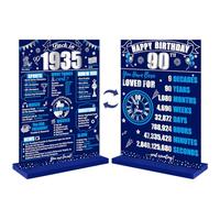 Eiurteao 90th Birthday Decorations Back in 1935 Table Sign, Blue Silver Wooden Rectangular 5.9 x 8.3 Inches Decorative Sign for Tabletop Party Decor