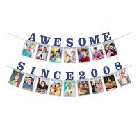 Eiurteao Pre-Strung Awesome Since 2008 Photo Banner Birthday Decorations for Boys Girls - Blue Silver Glitter 18th Birthday and Anniversary Decorations Party Supplies