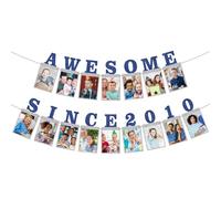 Eiurteao Pre-Strung Awesome Since 2010 Photo Banner Birthday Decorations for Boys Girls - Blue Silver Glitter 16th Birthday and Anniversary Decorations Party Supplies