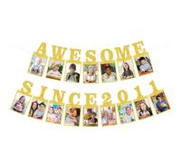 Eiurteao Pre-Strung Awesome Since 2011 Photo Banner Birthday Decorations for Girls Boys - Gold Glitter 15th Birthday and Anniversary Decorations Party Supplies