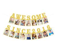 Eiurteao Pre-Strung Awesome Since 2016 Photo Banner Birthday Decorations for Girls Boys - Gold Glitter 10th Birthday and Anniversary Decorations Party Supplies