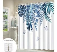 EIWAXU 1 Tropical Leaves and Butterflies Shower Curtain 180x243cm/Width x Heigh Light Blue and Green Watercolor Botanical Pattern Machine Washable