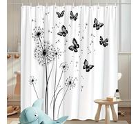 EIWAXU 1pc Black and White Dandelion Butterfly Shower Curtain 140x210cm/Width x Heigh Simple Dandelion Floating, Polyester Fabric, Suitable for Bathroom
