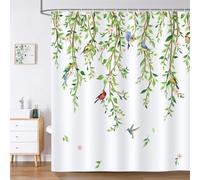 EIWAXU Bathroom Curtain Featuring a Design of Green Branches, Flowers, And Birds, Complete with Hooks 180x150cm/71x59in(WxH)