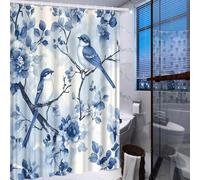 EIWAXU Blue and White Bird Shower Curtain - Polyester Fabric, Home Bathroom Decor with Two Birds on Branch and Blooming Flowers 180x213cm/Width X Heigh