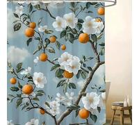 EIWAXU Light Blue Shower Curtain with White Flowers & Orange Washable Polyester, Easy Clean, Bathtub Curtain 150x220cm/Width X Heigh