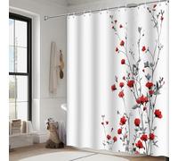 EIWAXU Printed Shower Curtain - Minimalist Floral Design with Red Flowers and Black Branches on White Background 230x200cm(WXH)