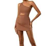 Eixyhueg Women's Cut Out Tennis Dress Built with Bra One Shoulder Backless Tennis Dress Golf Athletic Mini Dress(Brown,L)