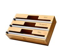 EJ1-3 in 1 Plastic Wrap Dispenser, Aluminum Tin Foil and Wax Paper Storage Dispenser with Slide Cutter & Labels for Kitchen Drawer, Natural Bamboo Wood Organizer Holder - Compatible with 12" Roll
