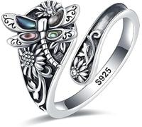 EJALEN S925-Sterling-Silver Abalone Dragonfly-Turquoise Spoon Ring - Vintage Boho Sunflower Thumb Oxidized Wrap Rings Victorian Style Antique Floral Jewelry Gifts for Women, Sterling Silver, Turquoise
