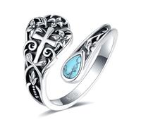 EJALEN S925 Sterling Silver Turquoise Dragonfly Butterfly Spoon Ring Vintage Boho Sunflower Thumb Ring Oxidized Victorian Style Antique Floral Jewelry Gifts for Women Girls, Gemstone, Created