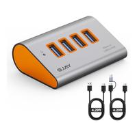 EJAY 4-Port USB 3.0 Hub with 5V Type-C Power Port, 5Gbps Aluminum USB Data Splitter for Gaming Desk & PC setups, 23° Ergonomic Angled Extender with Dual Cables for External SSD, PS5, Orange