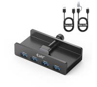 EJAY 4-Port USB 3.0 Hub with Clamp, High-Speed Data Transfer, Extra Power Supply Port, 59in Data & 39in Power Cables for Desk/Monitor