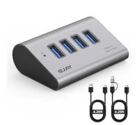 EJAY 4-Port USB 3.1 Hub with 5V Type-C Power Port, 5Gbps Aluminum USB Data Splitter for Gaming Desk & PC setups, 23° Ergonomic Angled Extender with Dual Cables for External SSD, PS5, Gray