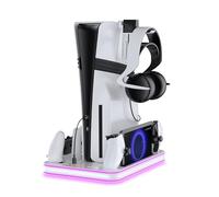 EJGAME PS5 Pro/Slim/PS5 Stand and Cooling Station with RGB Lighting,Charging Station for PlayStation Portal & P5 Controller, PS Portal Charger,Headset and Remote Holders (White)