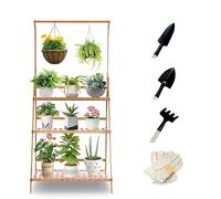 Ejoyous Bamboo Plant Stand Ladder Shelf with Hanging Rod, Multi-Layer Garden Storage Rack, Indoor Outdoor Flower Display, 96x68.5x101.6cm, 3 Digging Tools