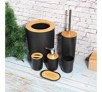Ejoyous Bathroom Set, 6Pcs Storage Case Set with Toilet Brush, Trash Can, Lotion Bottle, Soap Dish, Toothbrush Holder, Rinse Cup PP Plastic and Bamboo, Black