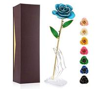 Ejoyous Gold Plated Rose 24K Forever Real Rose Gift Lover Mom Wife Daughter Girl Friend, Unique Present for Wedding Anniversary Birthday Proposal Reward, Light Blue Rose With Base