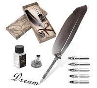 Ejoyous Handcrafted Quill Pen, Feather Quill Pen Set Calligraphy Pen Stationery Set Antique Dip with Ink Bottle Pen Nib Base 6 Replacement Nib for Friend Teachers