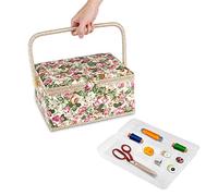 Ejoyous Large Sewing Basket Box, Retro Rural Fabric Floral Printed Sewing Storage Box with Compartments for Storing Needle Thread