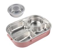 Ejoyous Stainless Steel Lunch Box 4-Way Portable Container with Water-Filled Heat Layer and Cutlery Set in The Lid Densely Densely by Silicone Seal and (Four-Grid Lunch Box with Soup Bowl: Pink