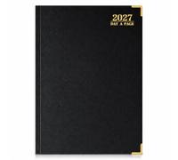 EJRange 2027 A4 Day Per Page Diary - Half-Hourly Appointment Book with Times, Day-to-View Planner, PU Leather Padded Hardback, Ribbon Marker - Black & Gold