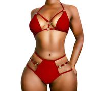 EJsoyo Womens Sexy Thong Bikini Swimsuits String Push up Padded Bathing Suit 2 Piece Cheeky Swimwear with Metal Ring, Red, Small