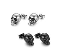 EjszaKod Gothic Skull Stud/Huggie/Clip-On Earrings | Silver Black Surgical Stainless Steel Earrings | Punk Rock Ear Piercing Skeleton Halloween Jewelry | Screw Back (05. Bone Skull-2 Pair)