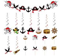 EJUFNS 1 Set Of Pirate-Themed Decorations, Hanging Spiral Charms, Birthday Cake Placards, Skull Flags, Boys' Party Decoration Supplies.