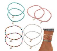 EJUFNS 8 Pieces of Bohemian Anklets, Handmade Multi-Layer Beaded, Colored Moon and Star Pendants, Elastic Anklets, Summer Beach Accessories.
